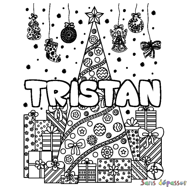 Coloriage prénom TRISTAN - d&eacute;cor Sapin et Cadeaux