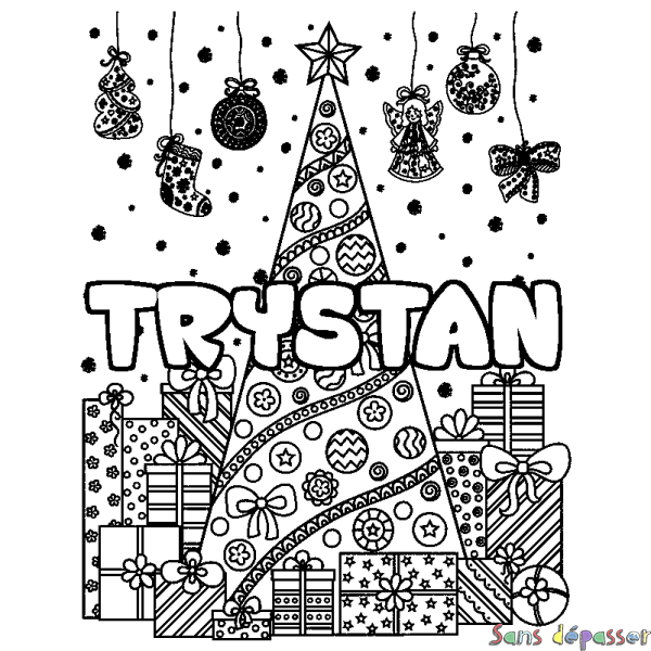 Coloriage prénom TRYSTAN - d&eacute;cor Sapin et Cadeaux