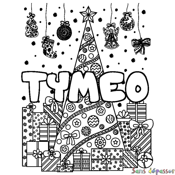 Coloriage prénom TYMEO - d&eacute;cor Sapin et Cadeaux