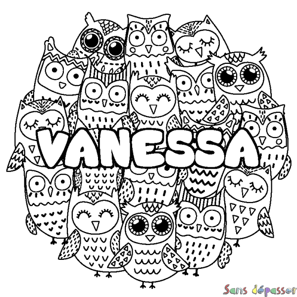 Coloriage prénom VANESSA - d&eacute;cor Chouettes