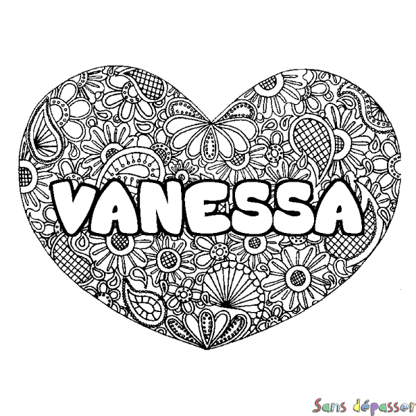 Coloriage prénom VANESSA - d&eacute;cor Mandala coeur