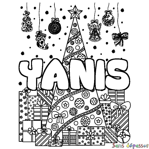 Coloriage prénom YANIS - décor Sapin et Cadeaux - Sans Dépasser