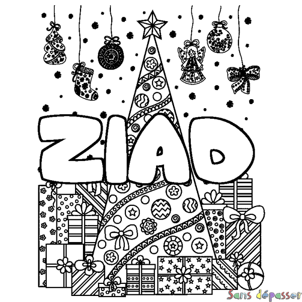 Coloriage prénom ZIAD - d&eacute;cor Sapin et Cadeaux