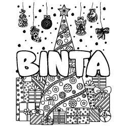 Coloriage prénom BINTA - décor Sapin et Cadeaux