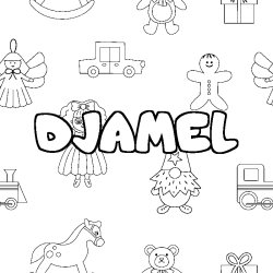 Coloriage prénom DJAMEL - décor Jouets