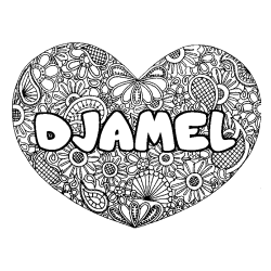 Coloriage prénom DJAMEL - décor Mandala coeur