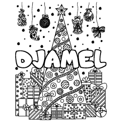 Coloriage prénom DJAMEL - décor Sapin et Cadeaux