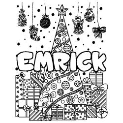 Coloriage prénom EMRICK - décor Sapin et Cadeaux