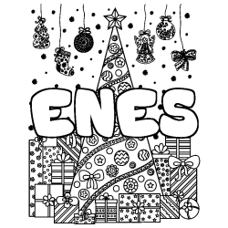 Coloriage prénom ENES - décor Sapin et Cadeaux