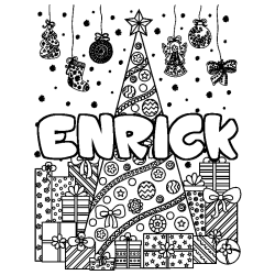 Coloriage prénom ENRICK - décor Sapin et Cadeaux