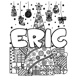 Coloriage prénom ERIC - décor Sapin et Cadeaux