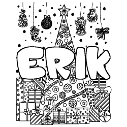 Coloriage prénom ERIK - décor Sapin et Cadeaux