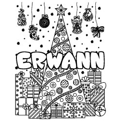 Coloriage prénom ERWANN - décor Sapin et Cadeaux