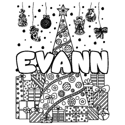 Coloriage prénom EVANN - décor Sapin et Cadeaux