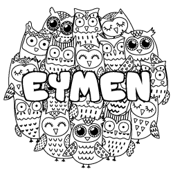 Coloriage prénom EYMEN - décor Chouettes