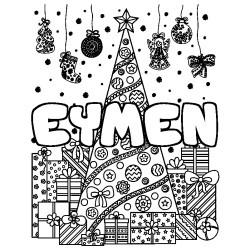 Coloriage prénom EYMEN - décor Sapin et Cadeaux