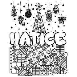 Coloriage prénom HATICE - décor Sapin et Cadeaux