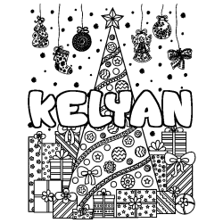 Coloriage prénom KELYAN - décor Sapin et Cadeaux