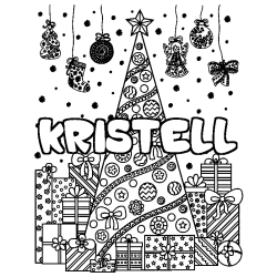 Coloriage prénom KRISTELL - décor Sapin et Cadeaux