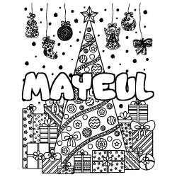 Coloriage prénom MAYEUL - décor Sapin et Cadeaux