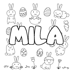 Coloriage prénom MILA - décor Paques