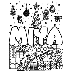 Coloriage prénom MIYA - décor Sapin et Cadeaux