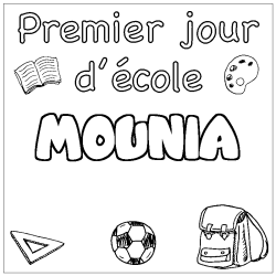 Coloriage prénom MOUNIA - décor Premier jour d'école