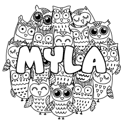 Coloriage prénom MYLA - décor Chouettes