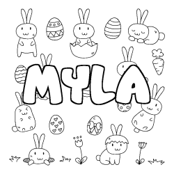 Coloriage prénom MYLA - décor Paques