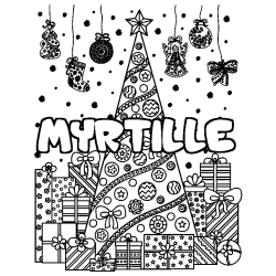 Coloriage prénom MYRTILLE - décor Sapin et Cadeaux