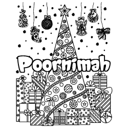 Coloriage prénom Poornimah - décor Sapin et Cadeaux