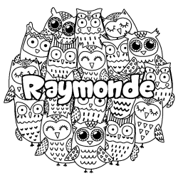 Coloriage prénom Raymonde - décor Chouettes