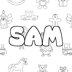 Coloriage prénom SAM - décor Jouets