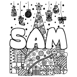 Coloriage prénom SAM - décor Sapin et Cadeaux