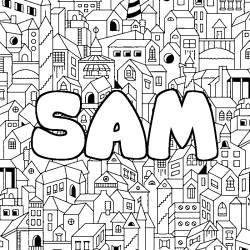 Coloriage prénom SAM - décor Ville