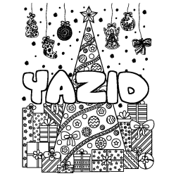 Coloriage prénom YAZID - décor Sapin et Cadeaux