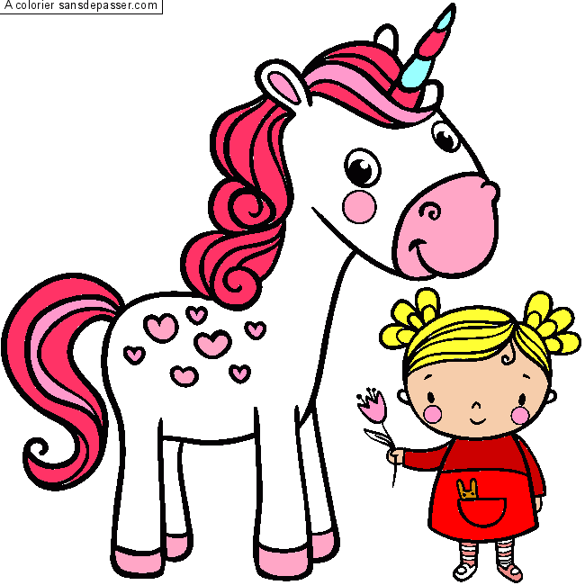  Coloriage  La licorne  et la petite fille  Sans D passer