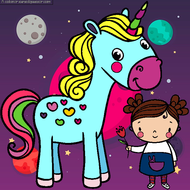 Coloriage La licorne et la petite fille