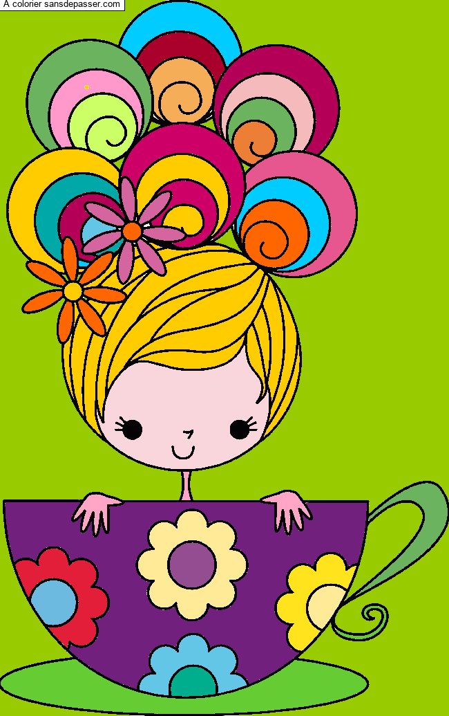 Coloriage Petite fille et tasse de th&eacute;