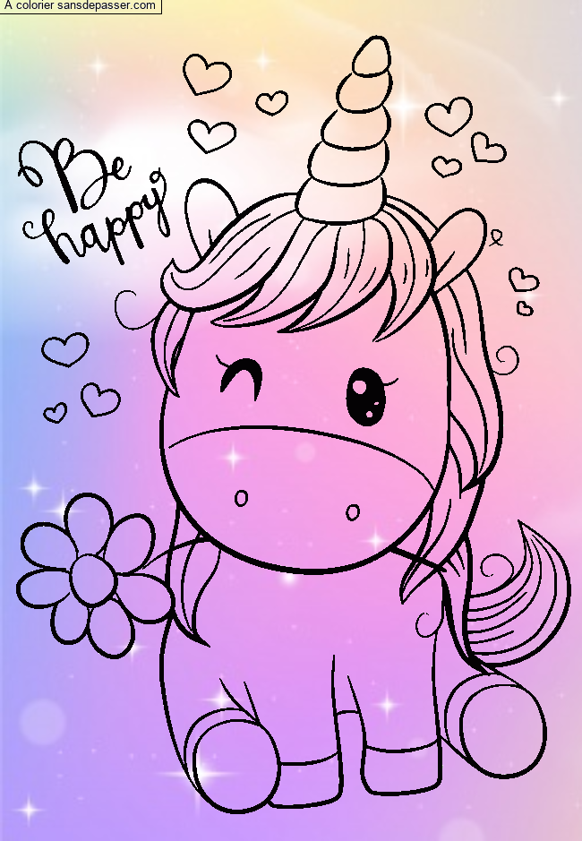 Dessin colorié : Coloriage Licorne souriante par un invité - Sans Dépasser