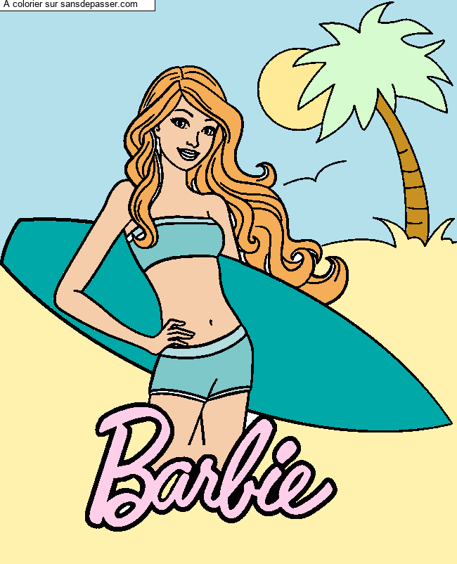 Coloriage Barbie Vacances et Surf