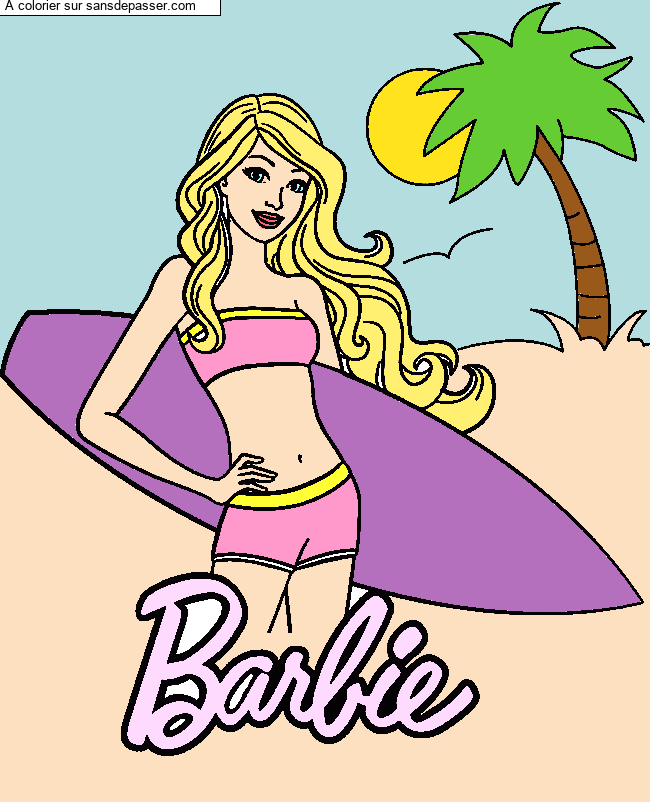 Coloriage Barbie Vacances et Surf