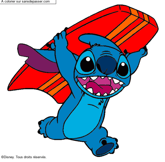 Coloriage Stitch avec une planche de surf