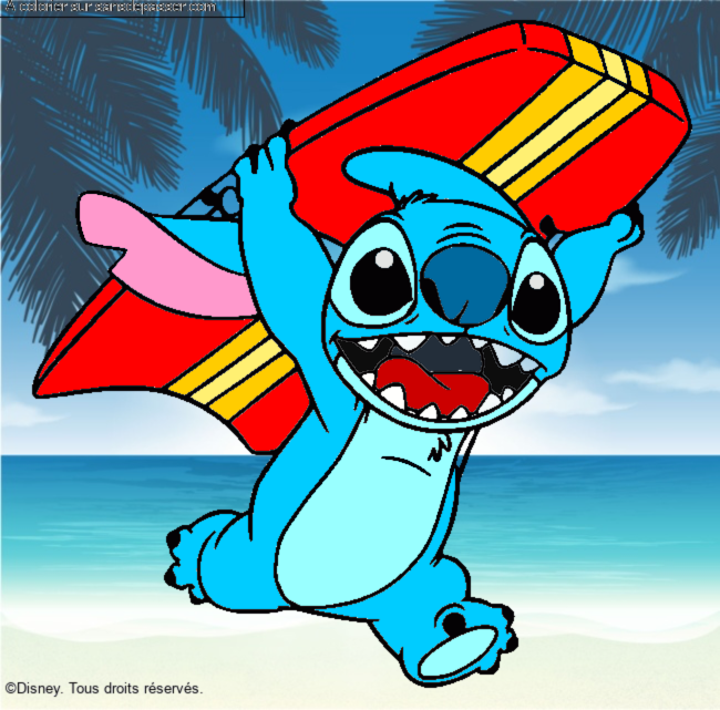 Coloriage Stitch avec une planche de surf par lusie05