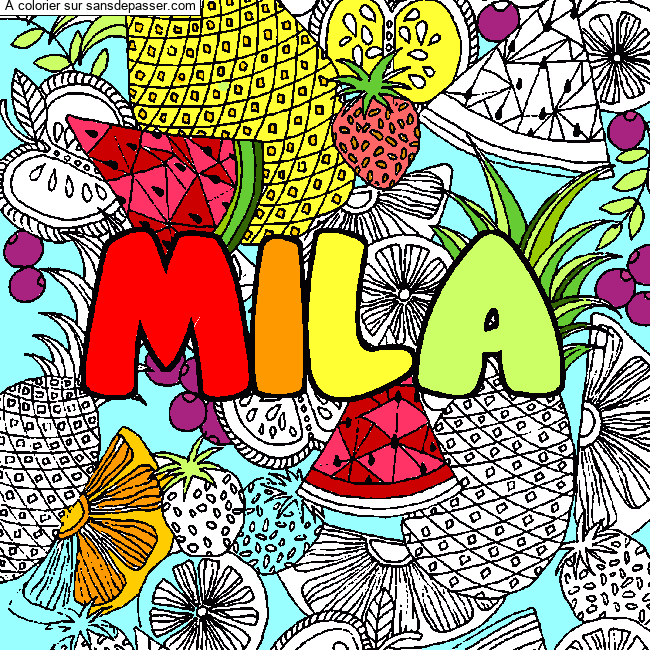 Coloriage Prénom MILA - Décor Mandala Fruits - Sans Dépasser