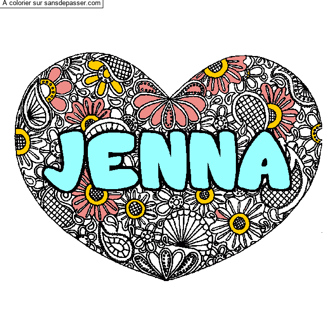 Coloriage Coloriage pr&eacute;nom JENNA - d&eacute;cor Mandala coeur par un invité