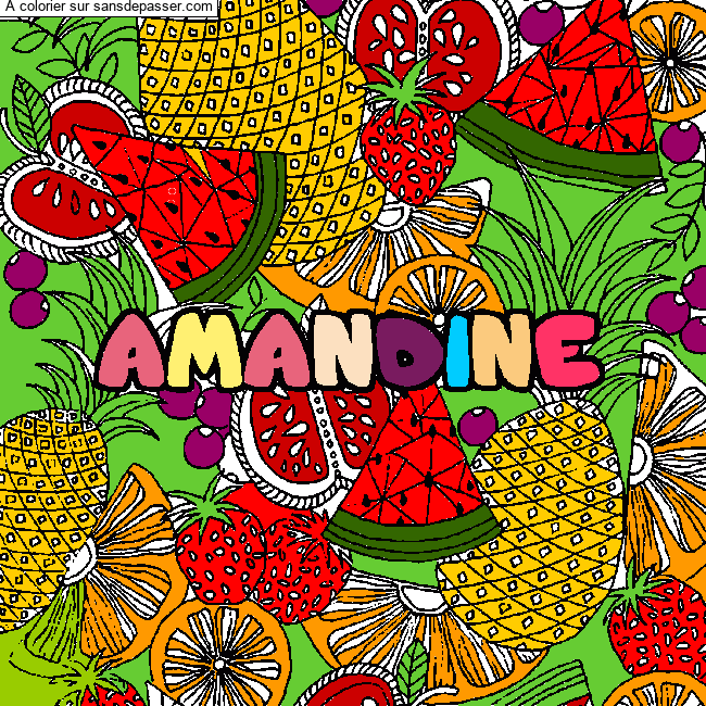 Coloriage prénom AMANDINE - décor Mandala fruits par anna