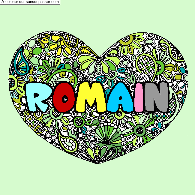 Coloriage prénom ROMAIN - décor Mandala coeur par tartine