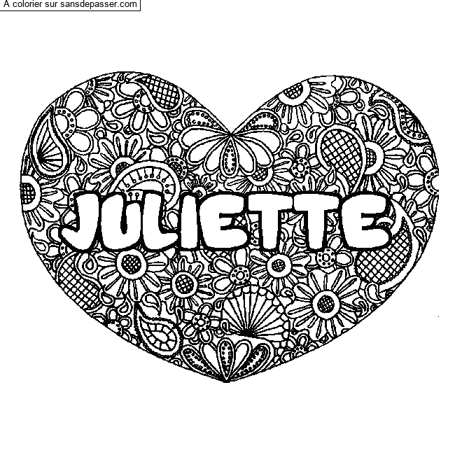 Coloriage prénom JULIETTE - décor Mandala coeur par un invité