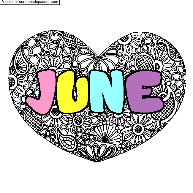 Coloriage Coloriage pr&eacute;nom JUNE - d&eacute;cor Mandala coeur par un invité